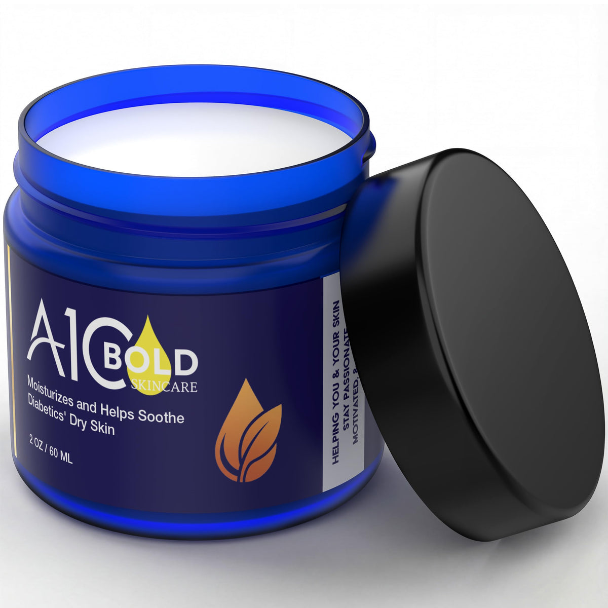 A1C Bold Skincare Diabetic Care Balm jar shows beeswax for lasting moisture.