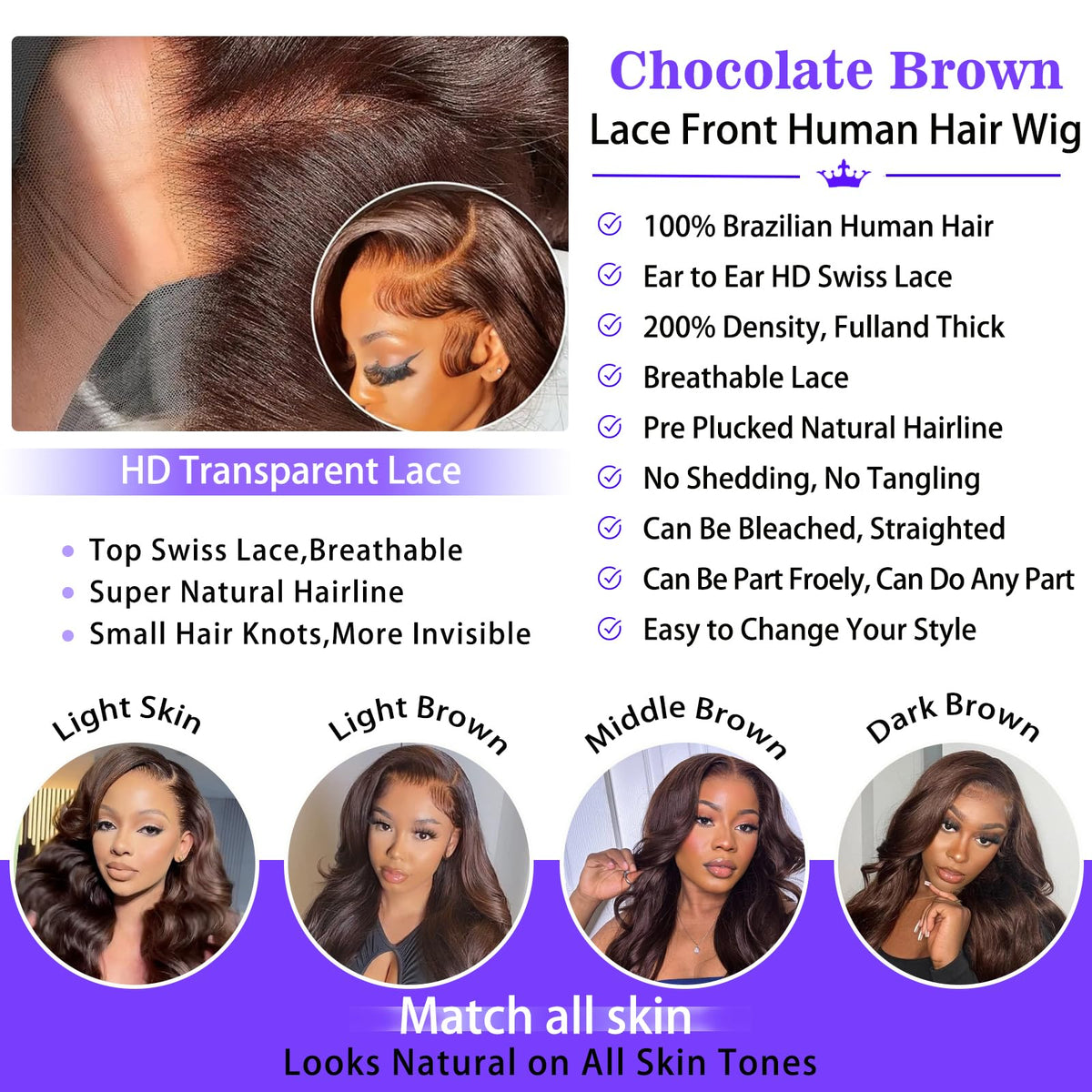 A8 chocolate brown 13x6 wig with pre-plucked hairline for effortless styling.