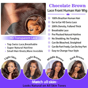 A8 chocolate brown 13x6 wig with pre-plucked hairline for effortless styling.