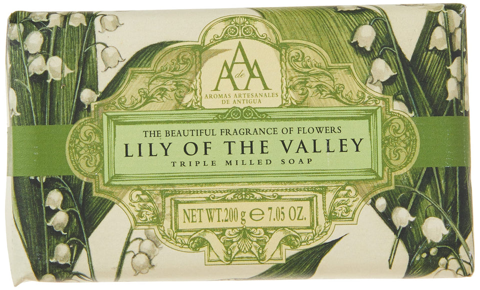 AAA Floral triple-milled Lily of the Valley soap bar with creamy lather and lasting fragrance.