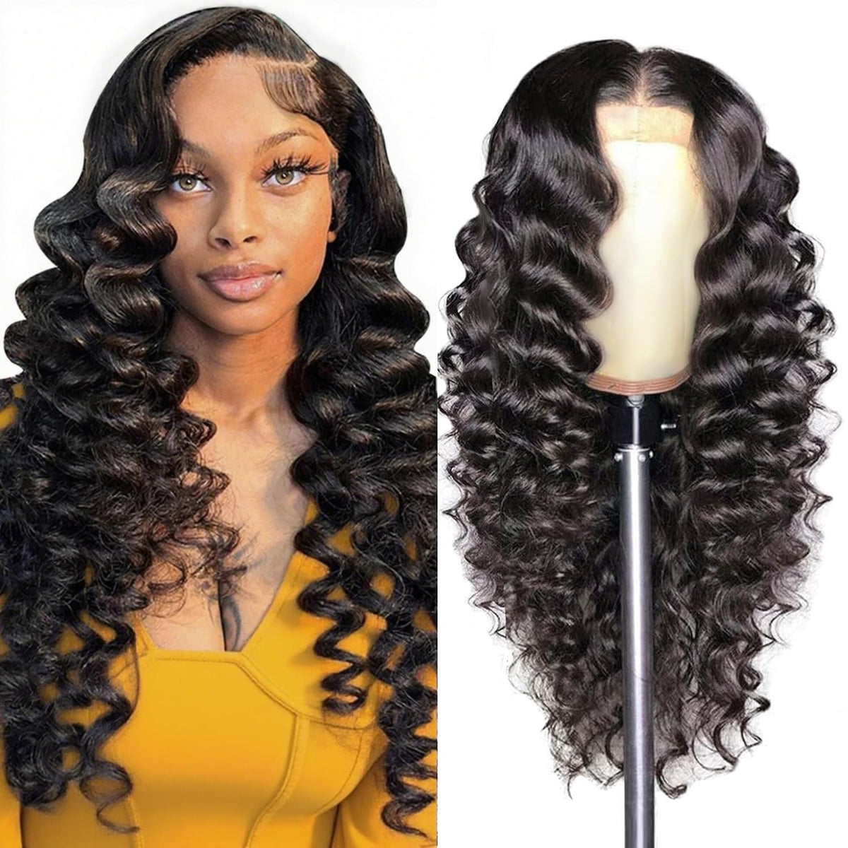 AAKJJ deep wave lace front wig 26-inch, natural texture for daily styling.