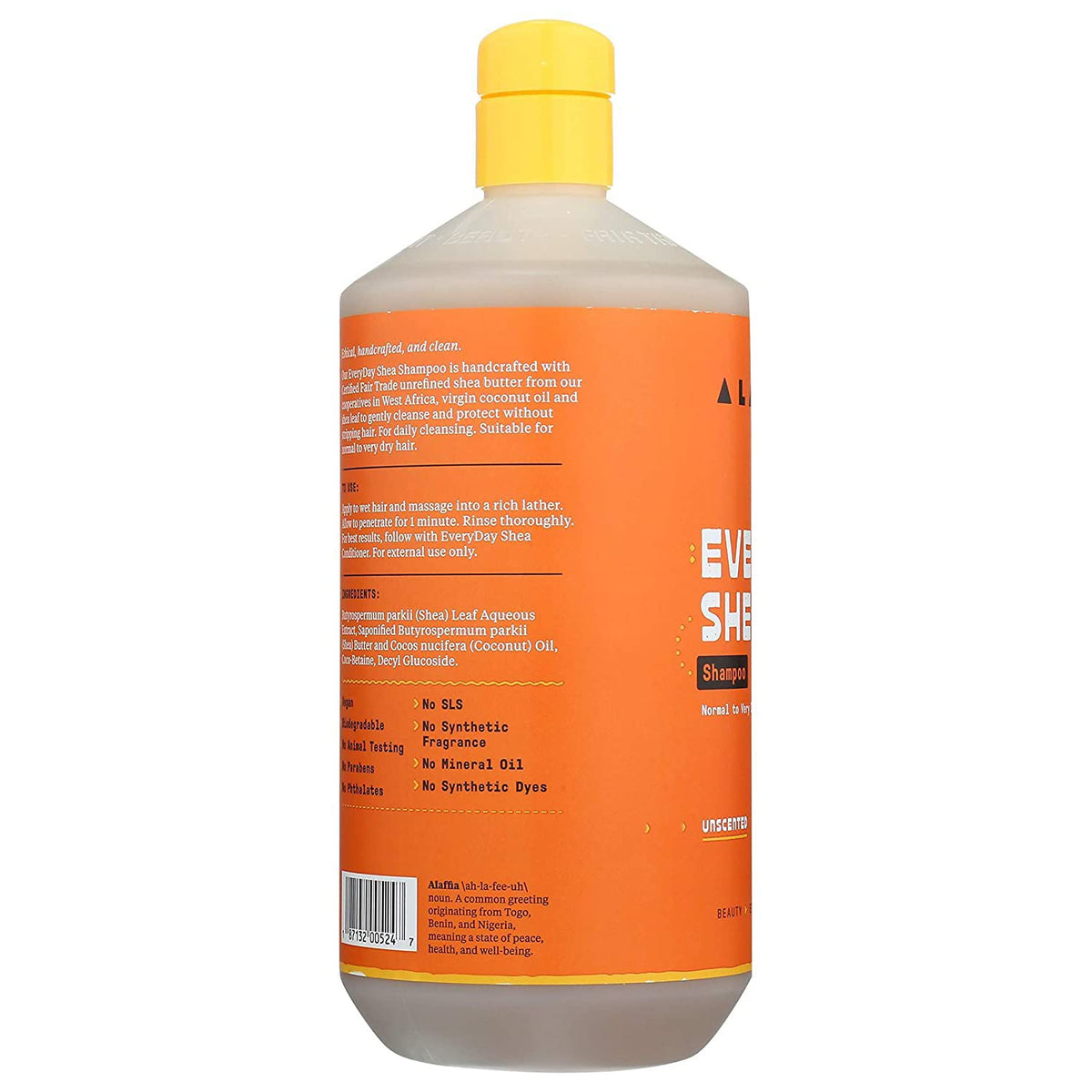 Alaffia Everyday Shampoo ingredients label close-up, highlighting clean, sulfate-free formula.