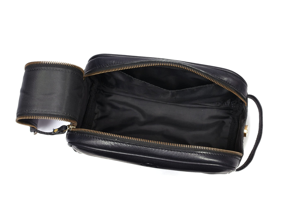 Aaron Leather Goods Vendimia Estilo 10in toiletry bag interior open showing organized space and waterproof lining