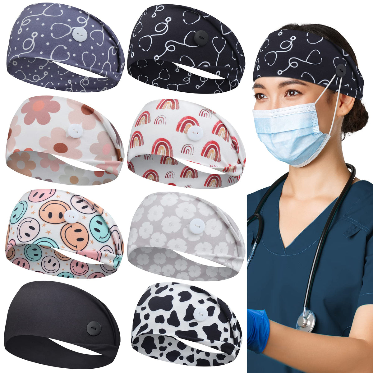 ABAMERICA headbands with mask button closure featuring black crystal buttons for secure wear