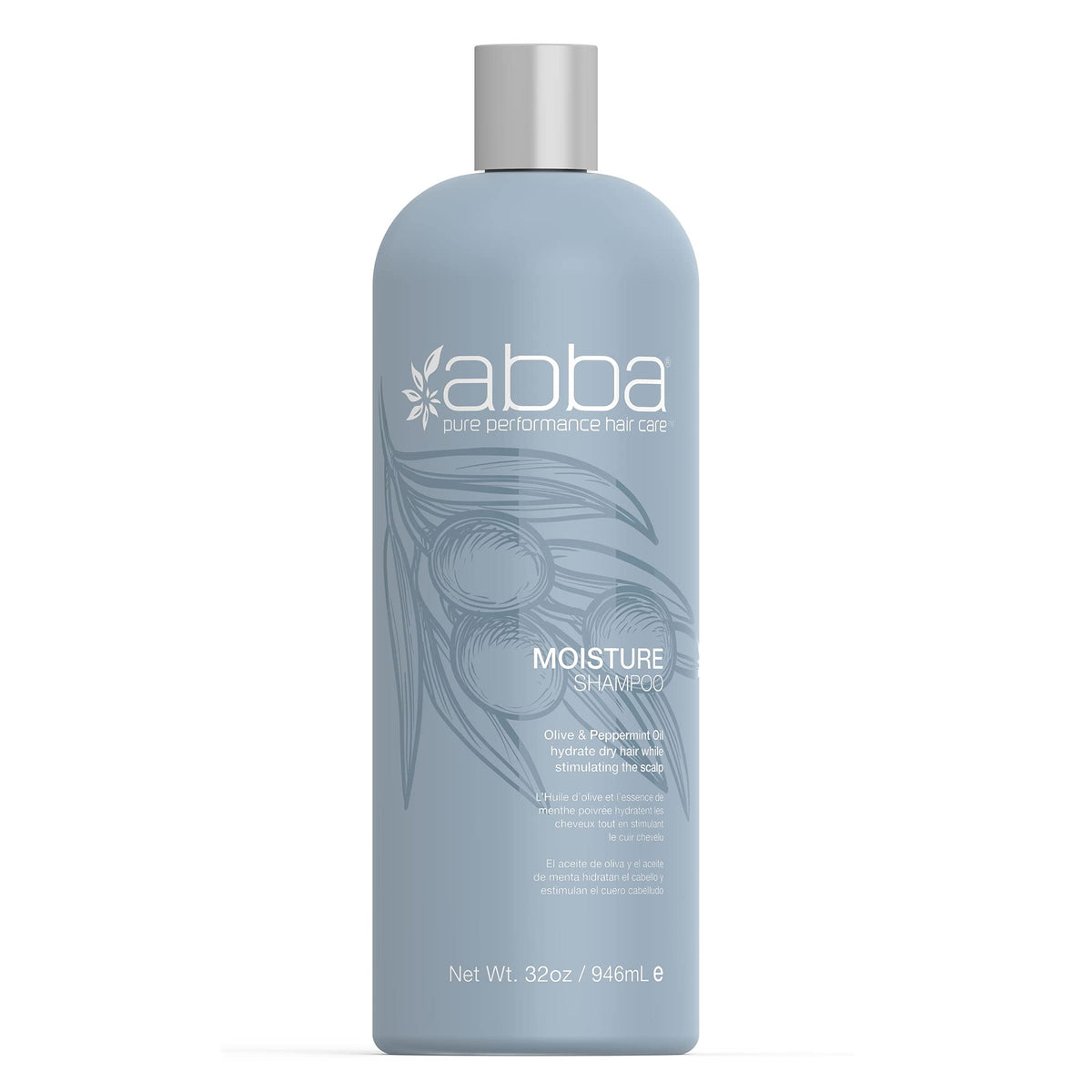 ABBA Moisture Shampoo bottle with olive and peppermint for gentle cleansing and hydration.