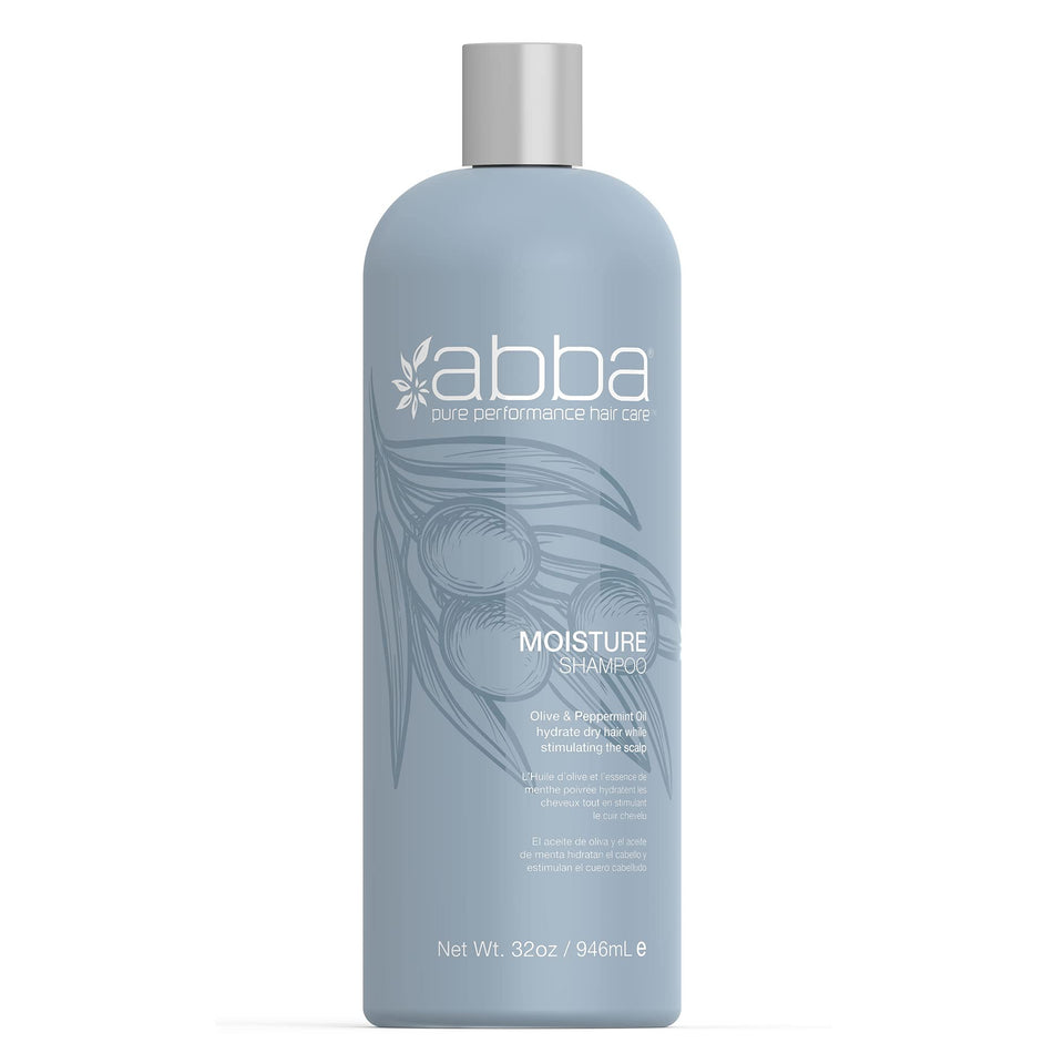 ABBA Moisture Shampoo bottle with olive and peppermint for gentle cleansing and hydration.