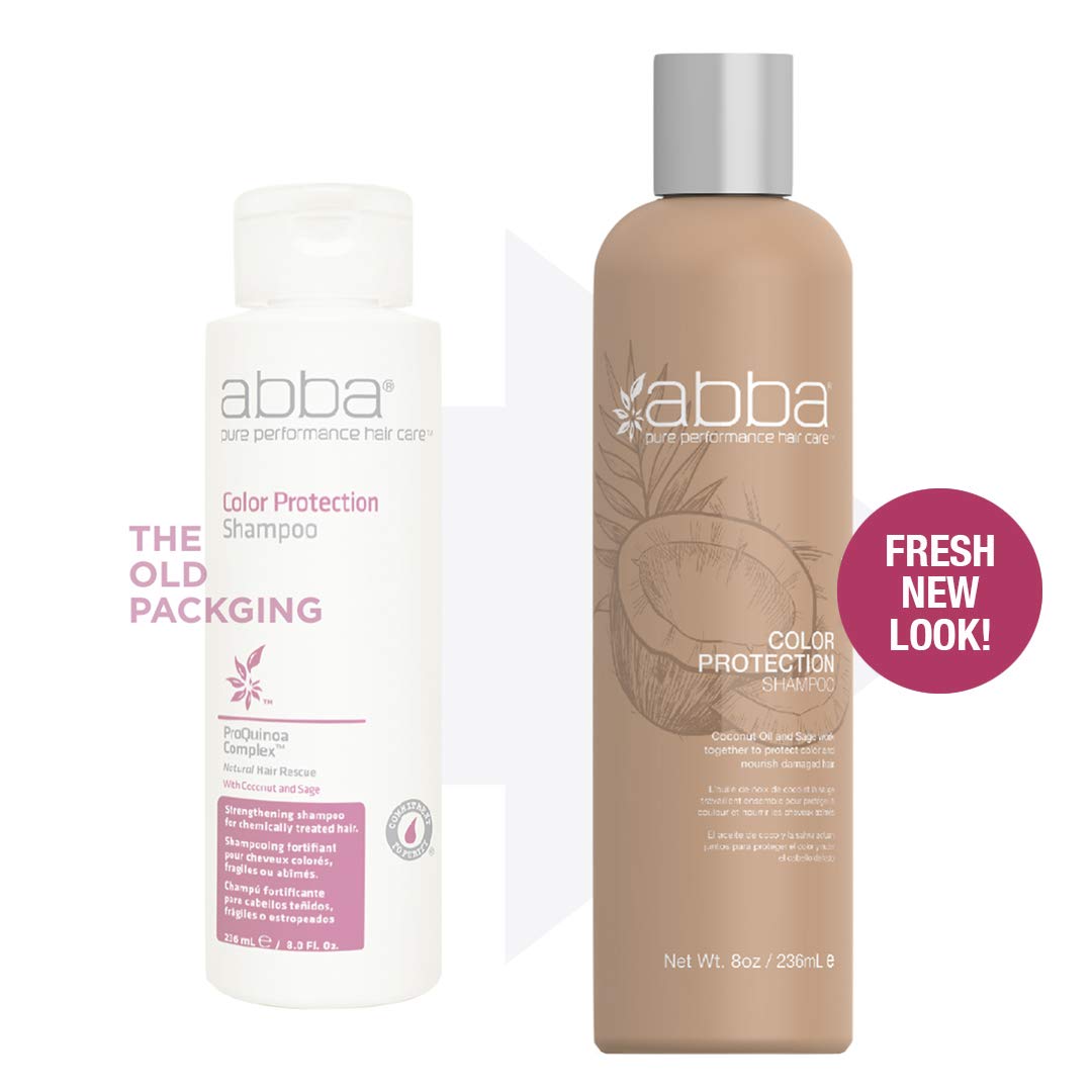 ABBA Pure Color Protection Shampoo label highlights ProQuinoa Complex for nourished fibers.