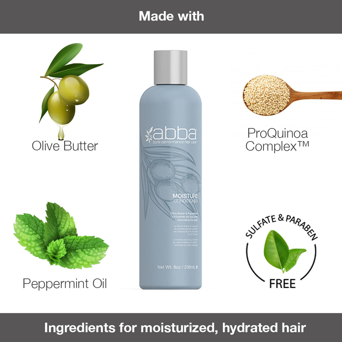 ABBA Pure Moisture Conditioner bottle highlights nourishing detangling for softness