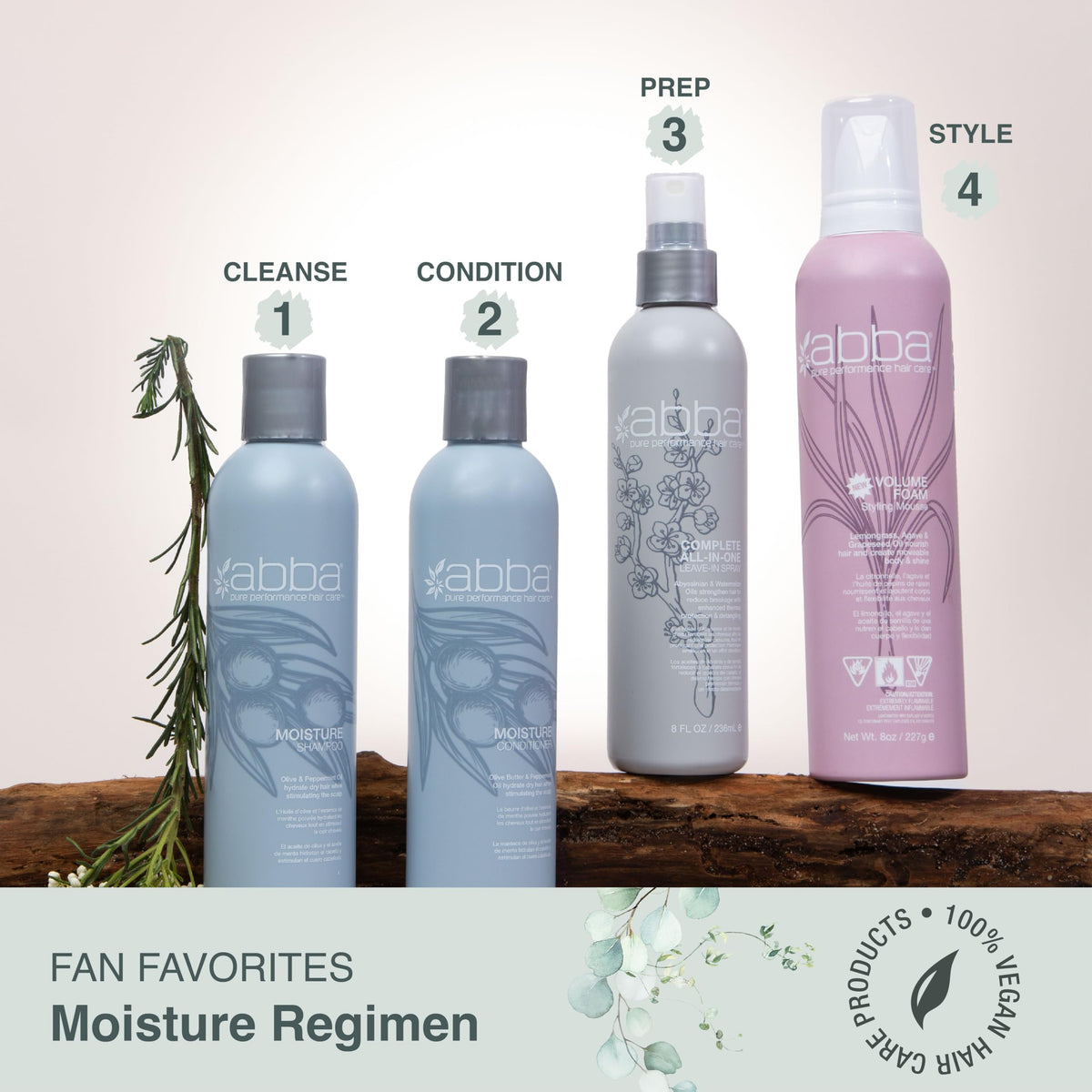 ABBA Pure Moisture Duo packaging emphasizes olive butter and peppermint oil benefits
