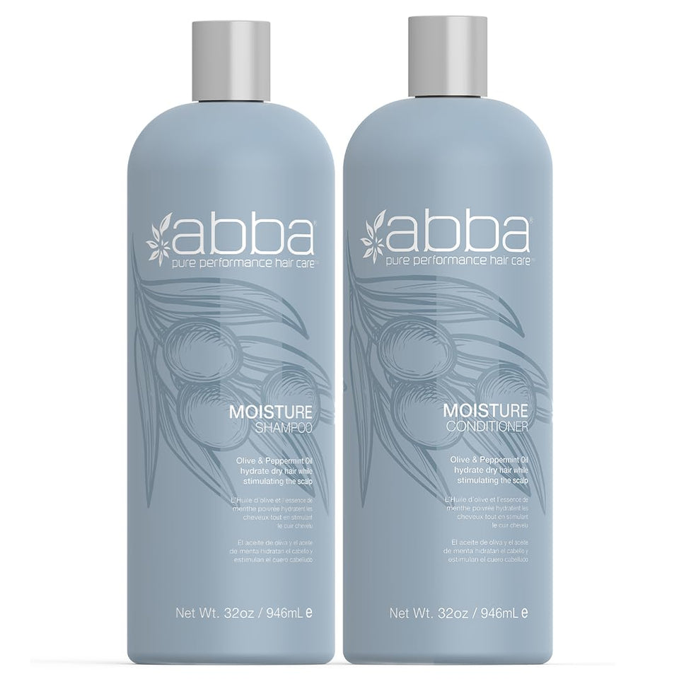 ABBA Pure Moisture Shampoo bottle highlights hydrating cleansing for dry hair