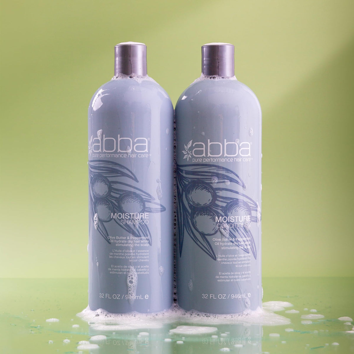 ABBA Pure Moisture Shampoo label closeup with refreshing peppermint aroma