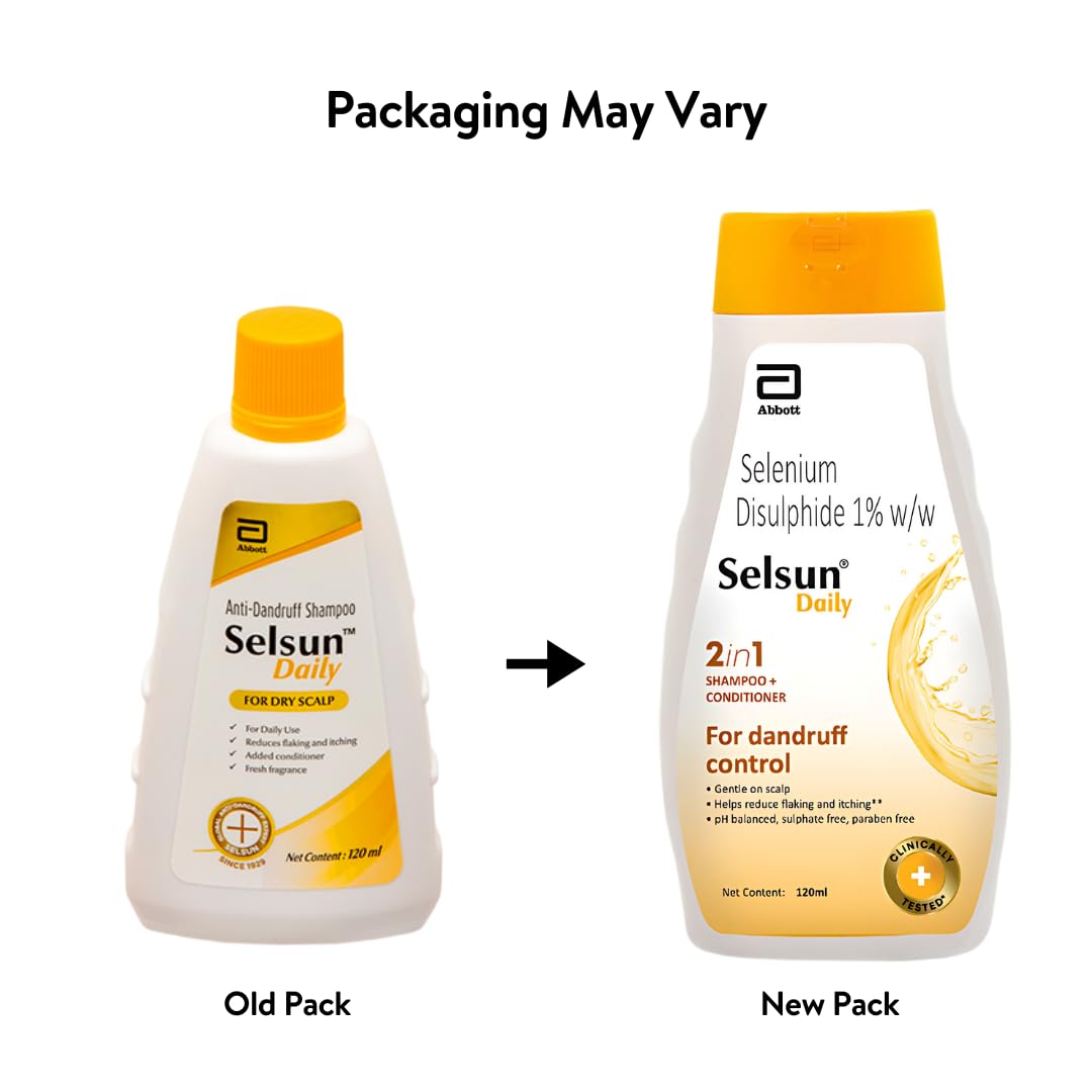 Abbott Selsun Daily 2x120ml pack displayed for regular dandruff care