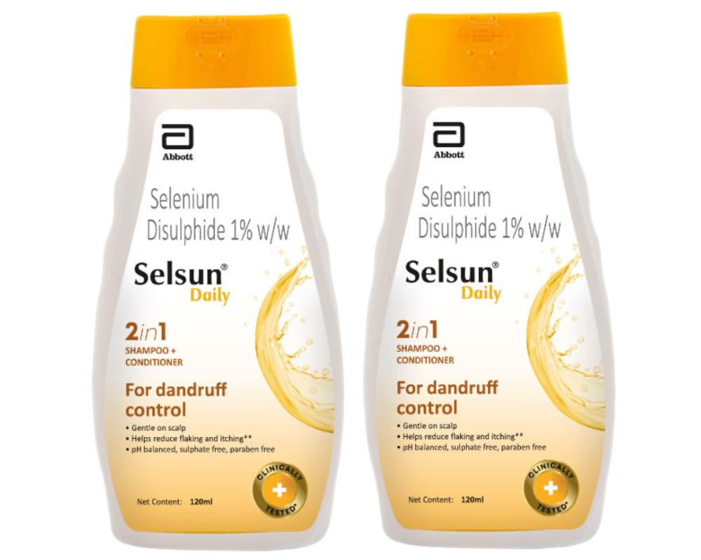 Abbott Selsun Daily shampoo bottle shown for daily anti-dandruff use