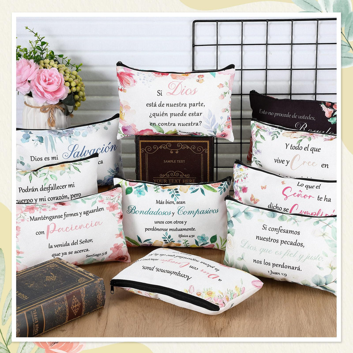 Abbylike Christian compact mirror set shows scripture and bright florals for touch-ups.
