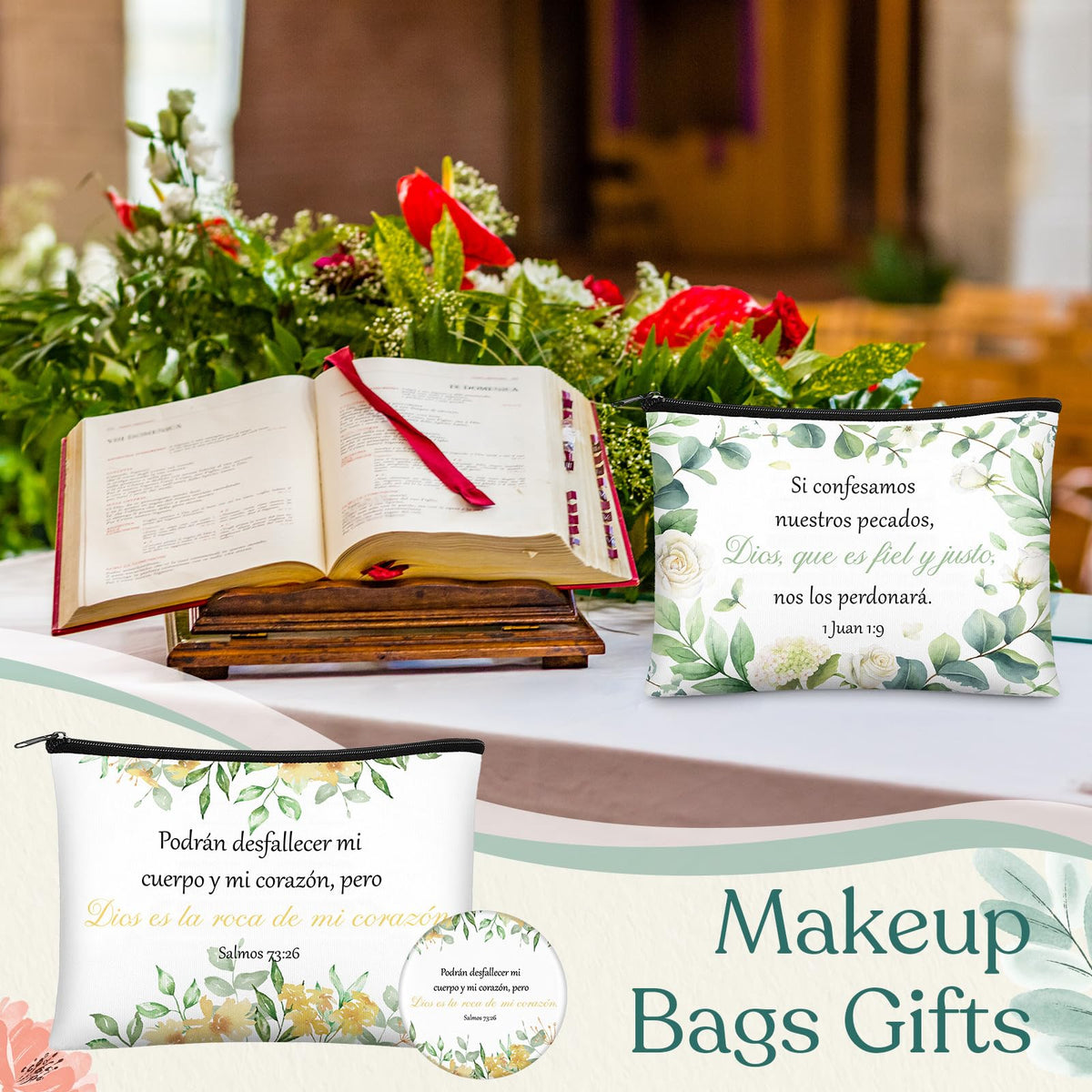 Abbylike inspirational floral design on makeup bags for uplifting daily use.