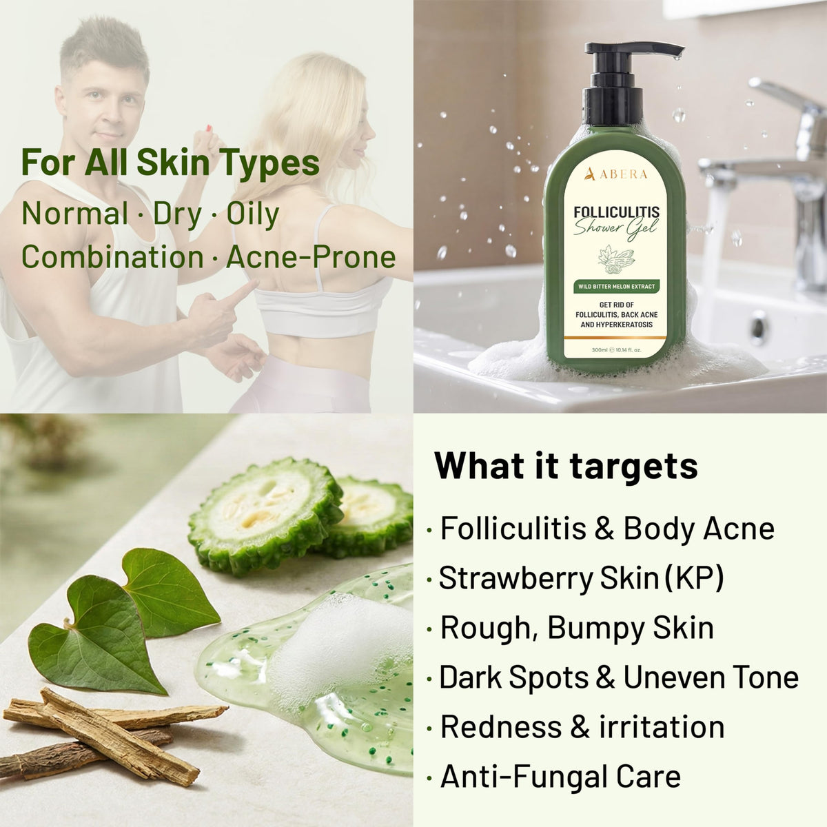 ABERA back acne care scene emphasizes targeted cleansing for problem areas