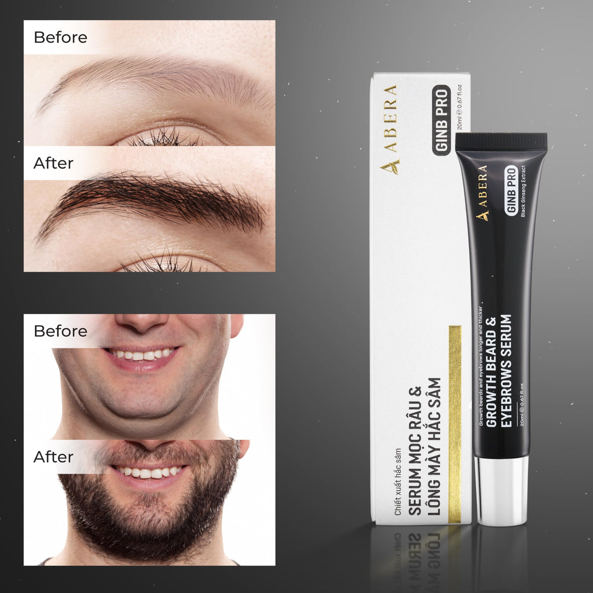 ABERA Ginb precision applicator image shows targeted growth for brows and beard.