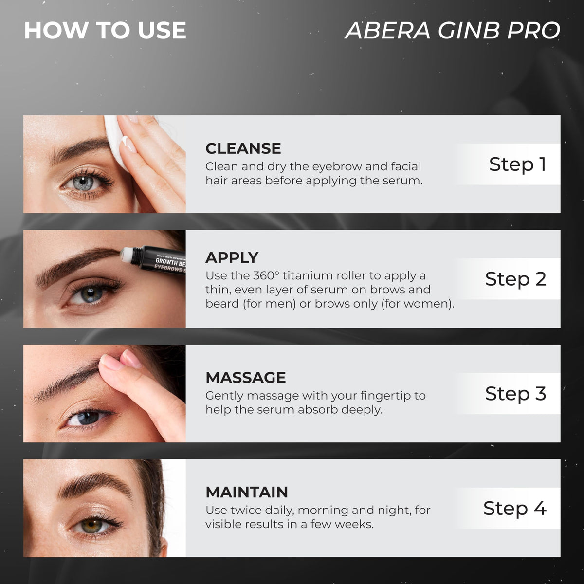 ABERA Ginb usage steps image demonstrates simple daily routine.