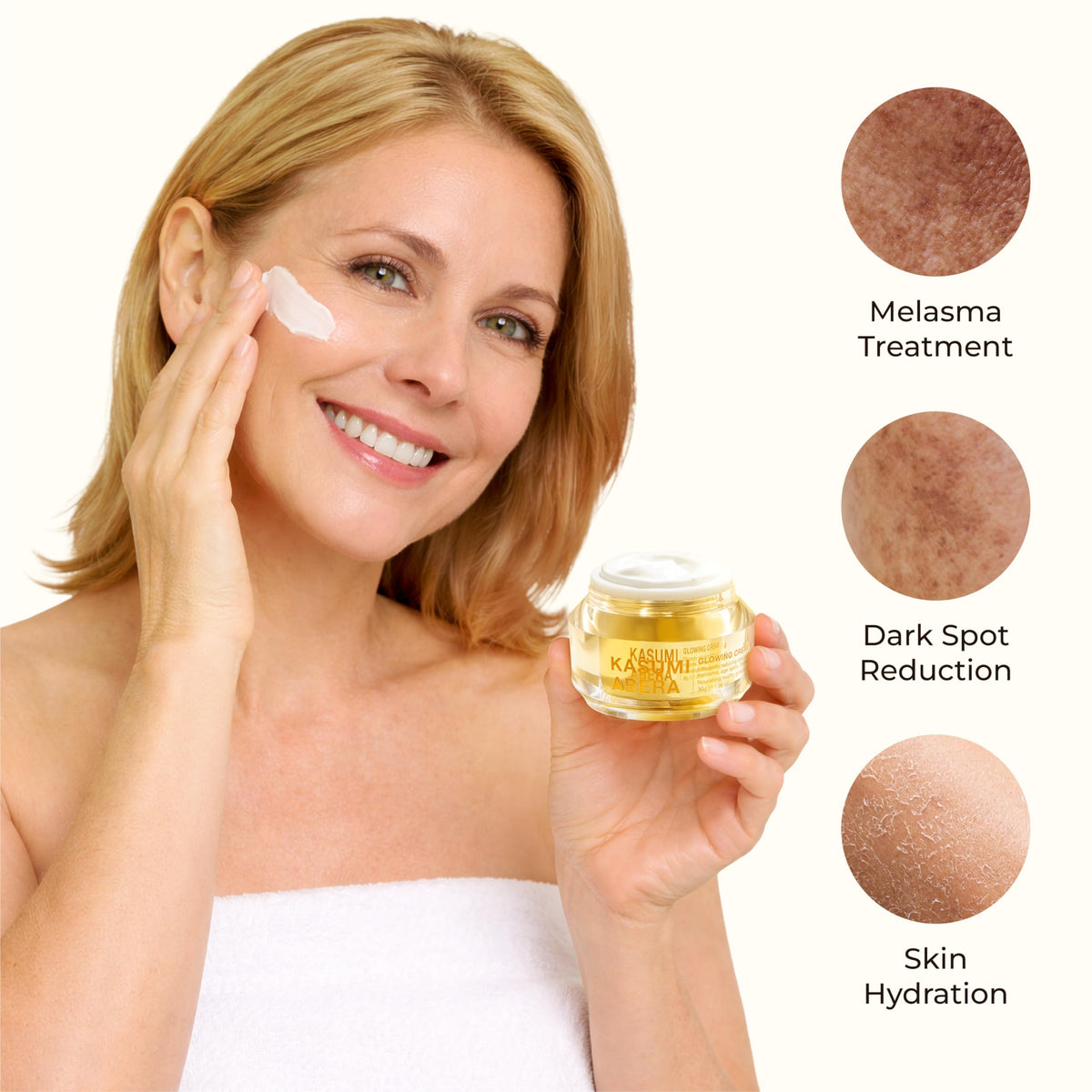 ABERA Kasumi Glowing Cream jar texture reveal during application.