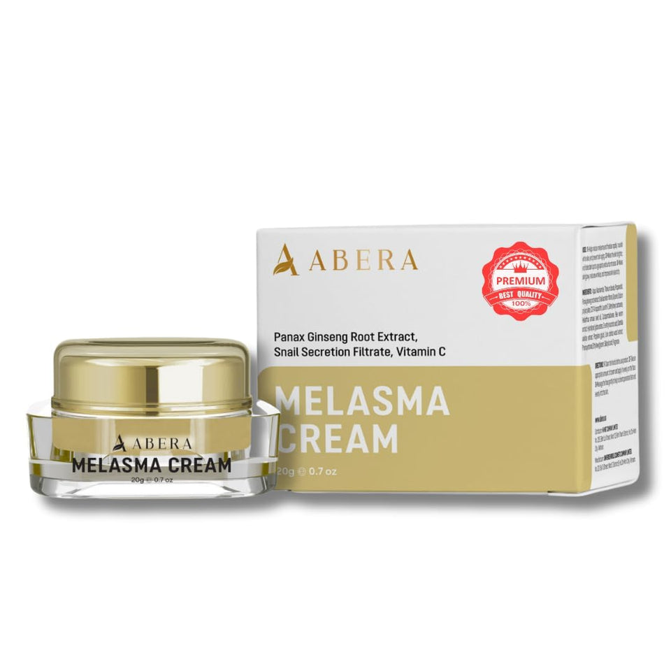 ABERA Melasma Cream bottle on a clean surface showing targeted skin tone improvement