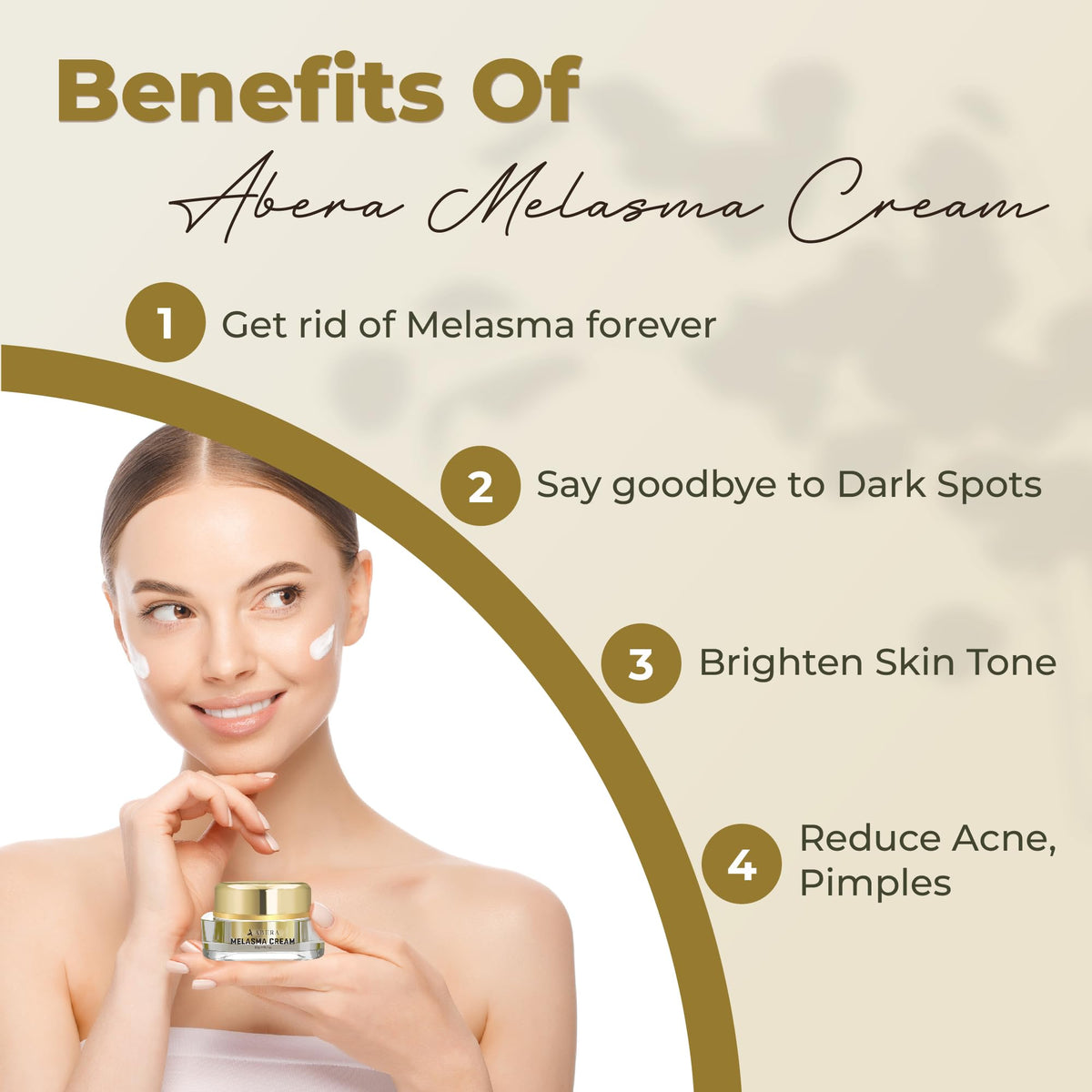 ABERA Melasma Cream swirl on skin highlighting creamy texture and brightening potential