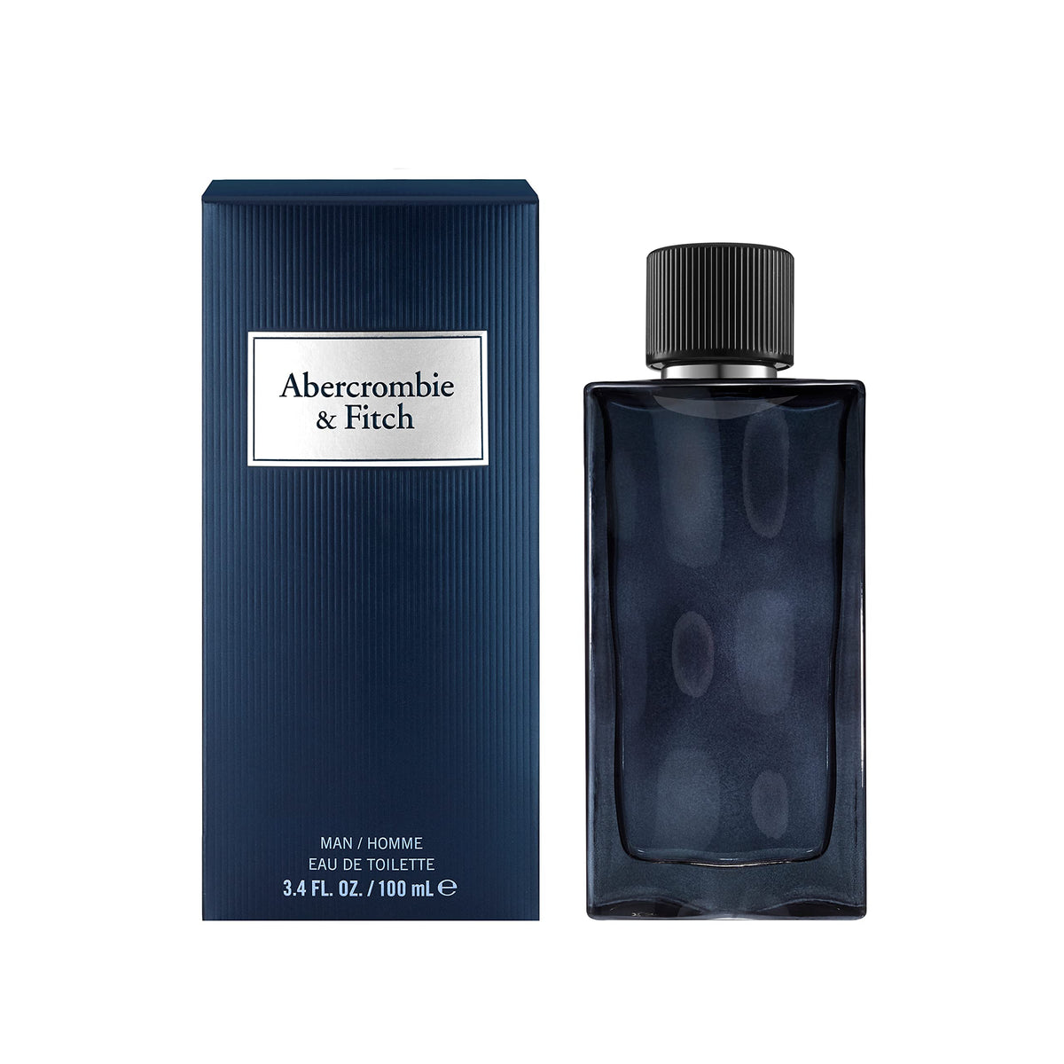 Abercrombie & Fitch First Instinct Blue bottle tilted, highlighting the modern silhouette for evening occasions.