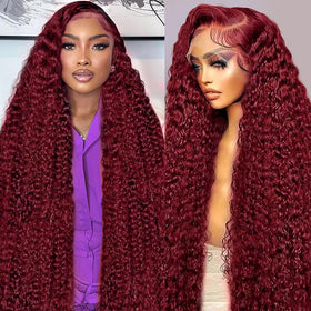 Abhayy 99j burgundy deep wave lace front wig shown in full length for dramatic daily looks