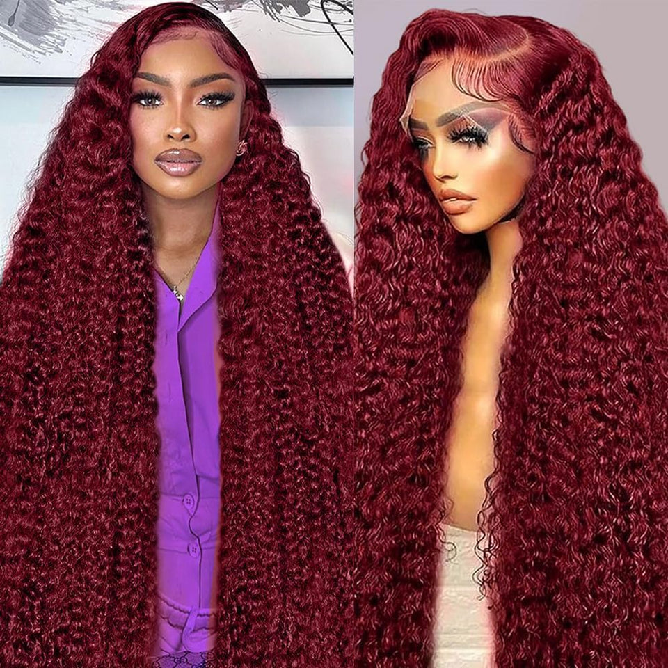 Abhayy 99j burgundy deep wave lace front wig shown in full length for dramatic daily looks