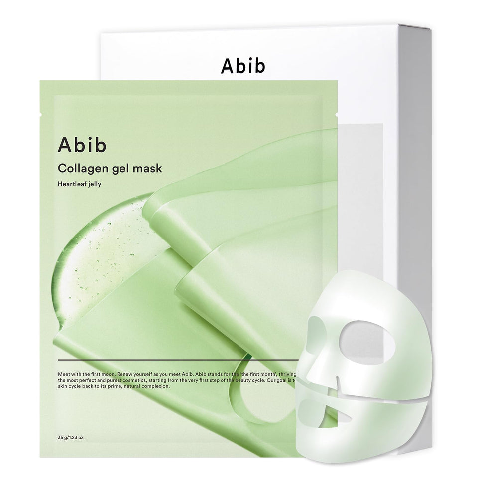 Abib Collagen Gel Mask heartleaf sheet close-up conveying soothing formula.