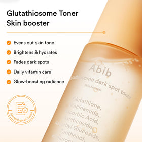 Abib Glutathiosome Dark Spot Toner cap close-up highlights brightening ingredients