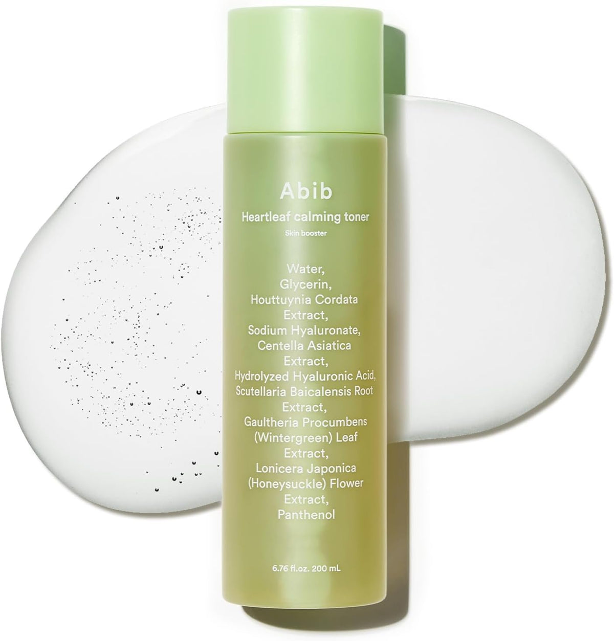 Abib Heartleaf Toner bottle close-up shows soothing hydration for sensitive skin.
