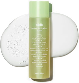 Abib Heartleaf Toner bottle close-up shows soothing hydration for sensitive skin.