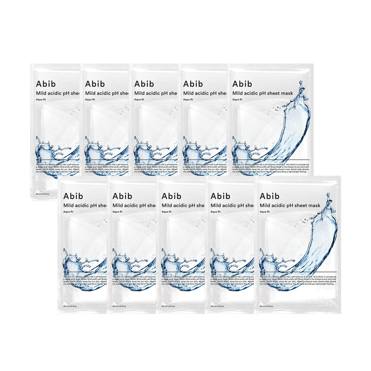 Abib mild acidic pH sheet mask in-pack shows soothing, hydrating treatment for dry skin.