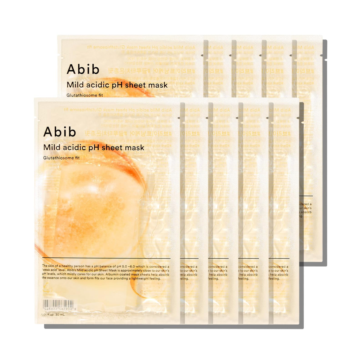 Abib Mild Acidic pH sheet mask with glutathiosome targeting blemishes for clearer skin.