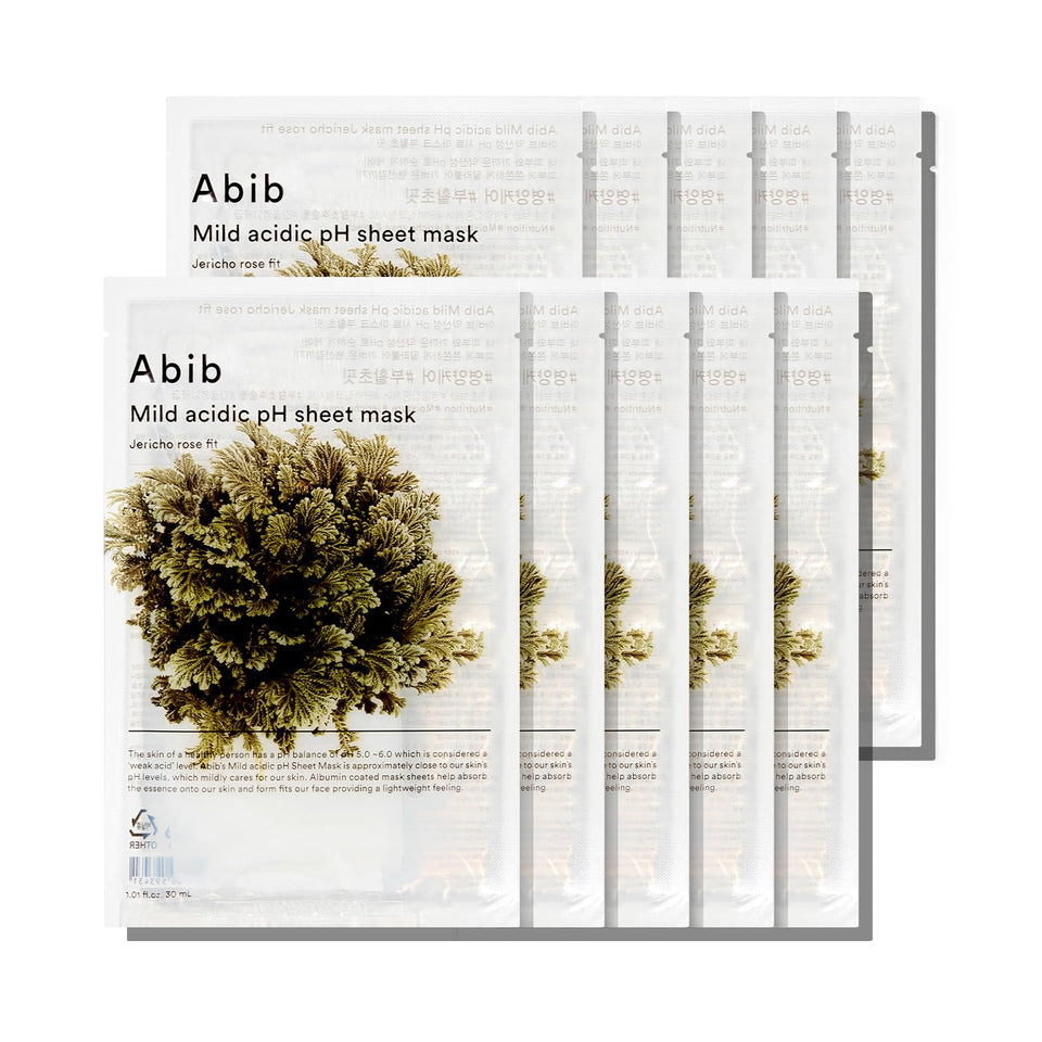 Abib Mild Acidic pH Sheet Mask Jericho Rose pack offers soothing hydration for sensitive skin.