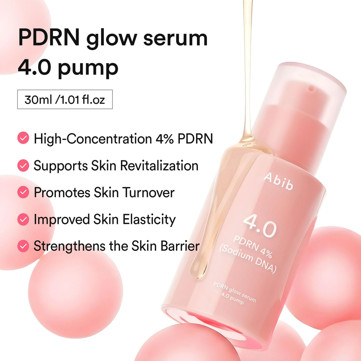 Abib PDRN Glow Serum ingredients graphic highlights peptides and hyaluronic acid.