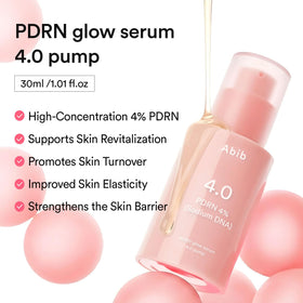 Abib PDRN Glow Serum ingredients graphic highlights peptides and hyaluronic acid.