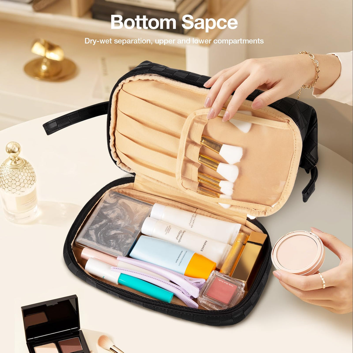 Abiudeng checkered cosmetic bag perfect for travel and security checks.