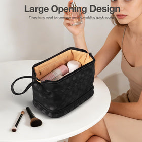 Abiudeng large capacity makeup bag fits palettes, foundations, and skincare.
