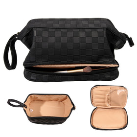 Abiudeng large makeup bag with waterproof faux leather and top handle for travel ease.