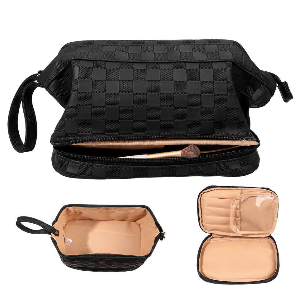 Abiudeng large makeup bag with waterproof faux leather and top handle for travel ease.