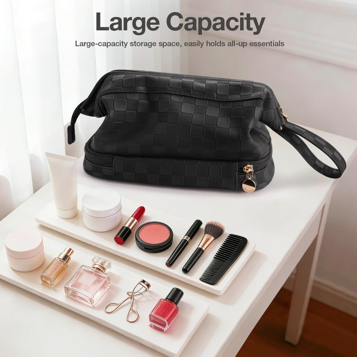 Abiudeng makeup bag brush holder upper layer keeps tools ready and neat.