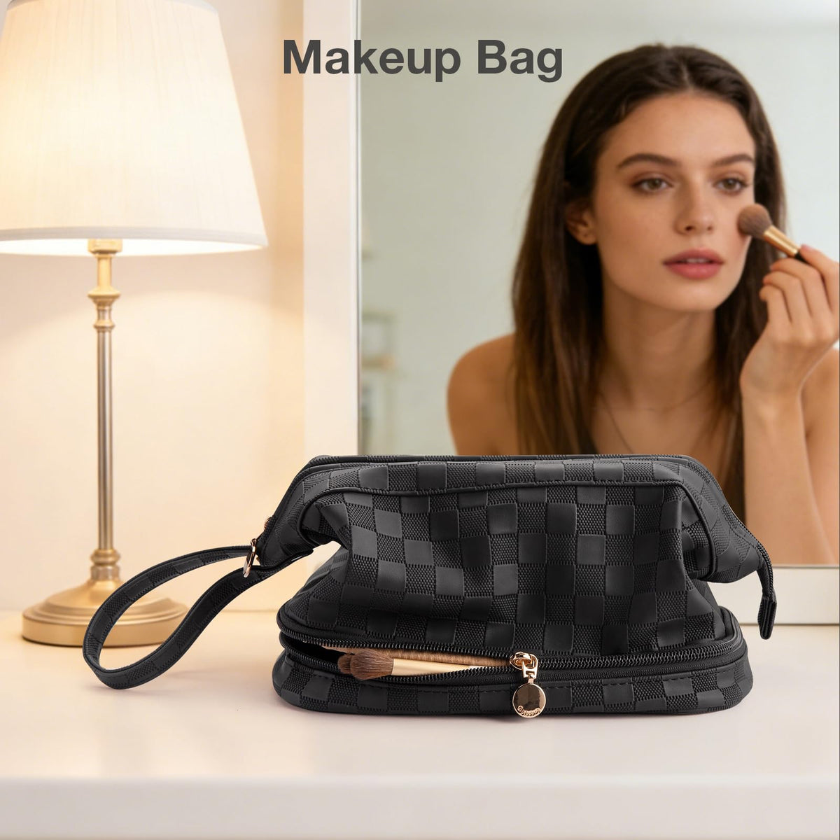 Abiudeng portable travel makeup bag with durable faux leather for everyday use.