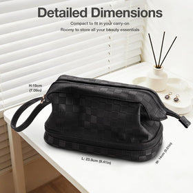 Abiudeng checkered bag showing double-layer compartments for tidy brushes and palettes.