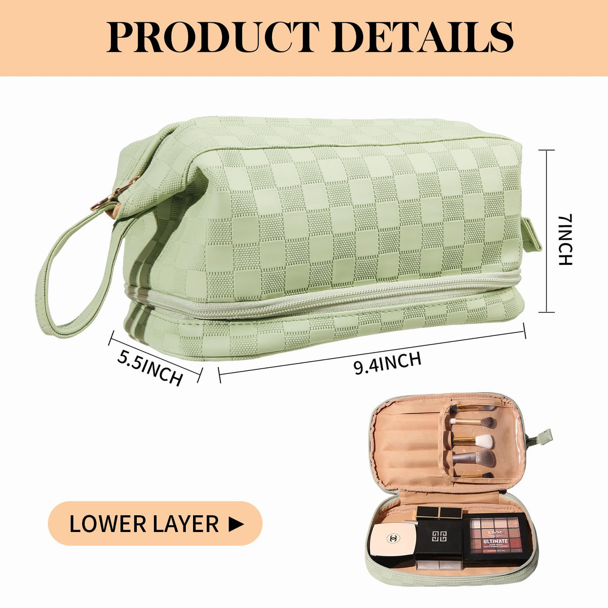 Abiudeng travel makeup organizer showcasing built-in brush holder and compartments.