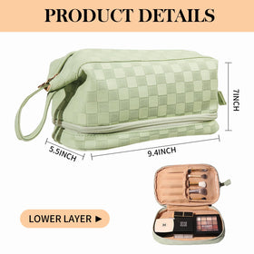 Abiudeng travel makeup organizer showcasing built-in brush holder and compartments.