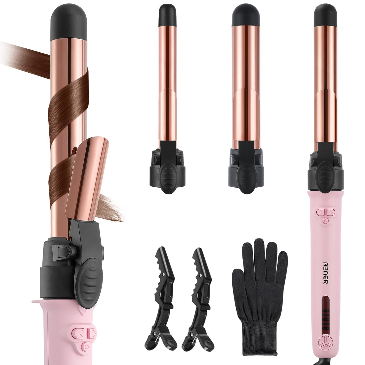 ABNER rotating curling iron set with three barrels for versatile long-hair styling.
