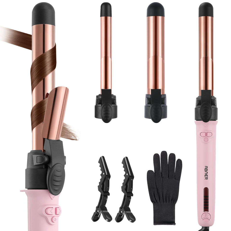 ABNER rotating curling iron set with three barrels for versatile long-hair styling.