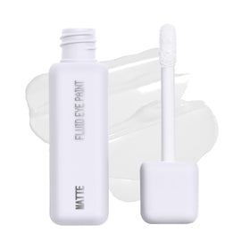 about-face Matte Fluid Eye Paint White Noise bottle shows bold pigment for dramatic lids.