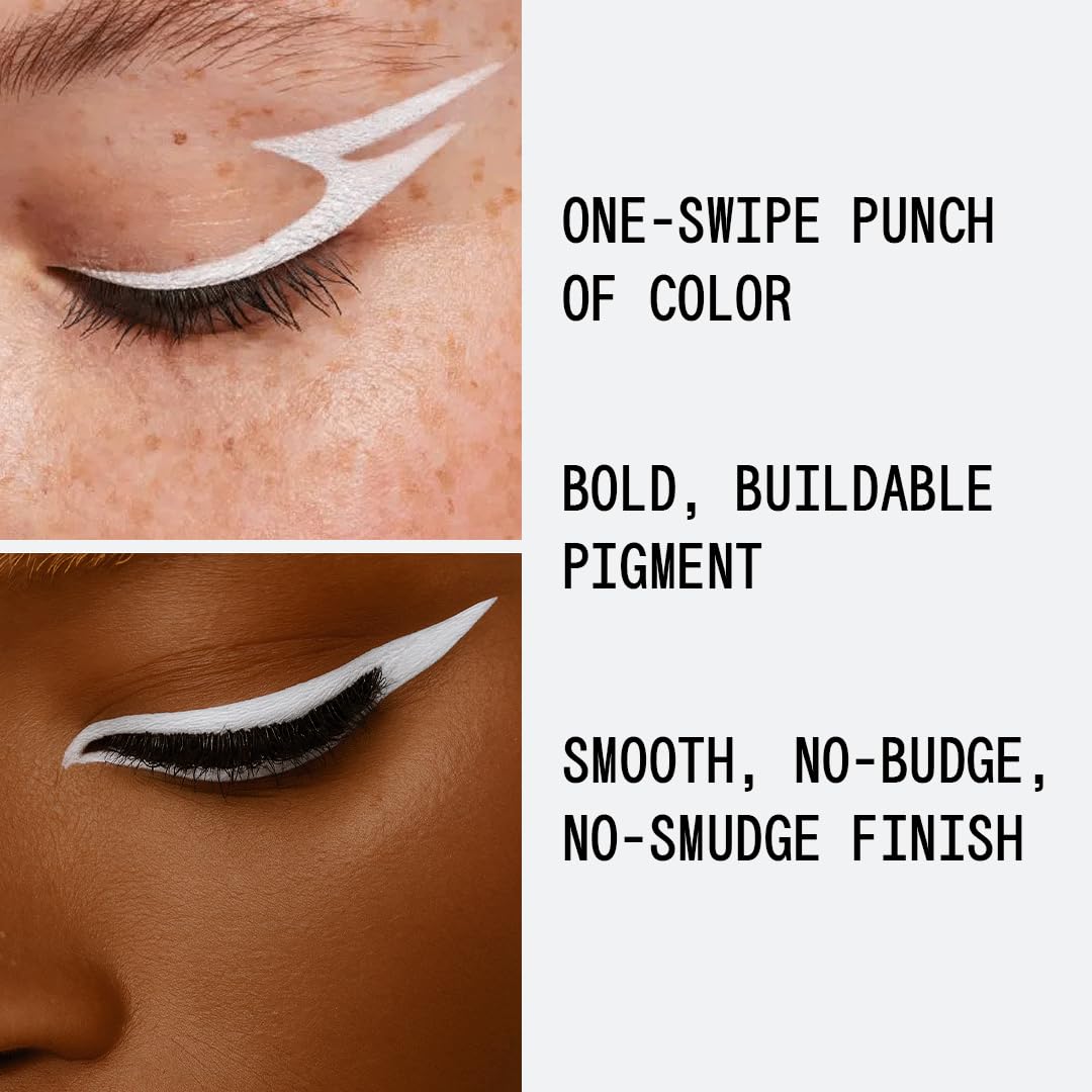 about-face Matte Fluid Eye Paint White Noise swatches reveal vibrant color across skin tones.